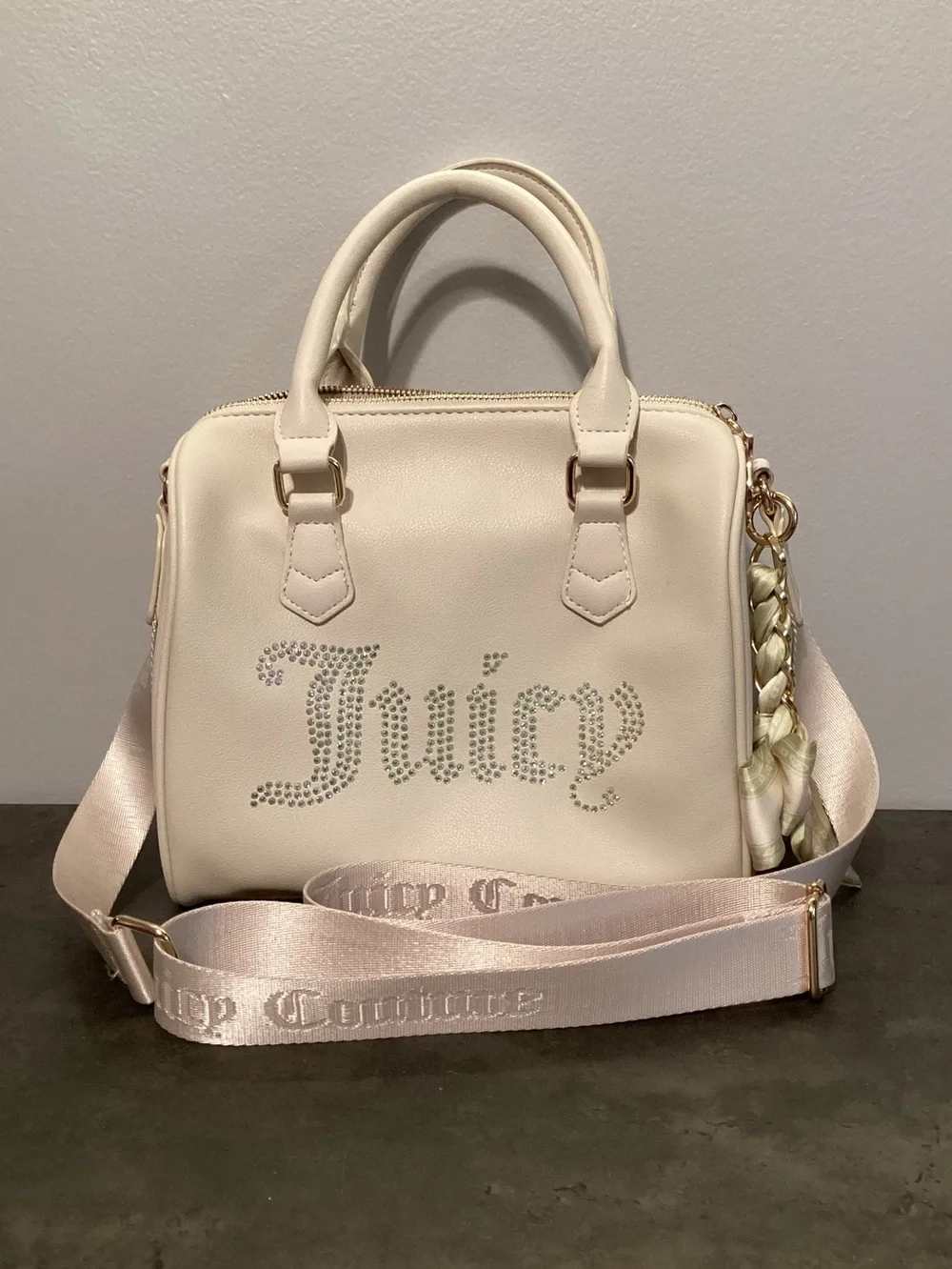 Juicy Couture Pearl Cream Satchel with Branded Satin Charm